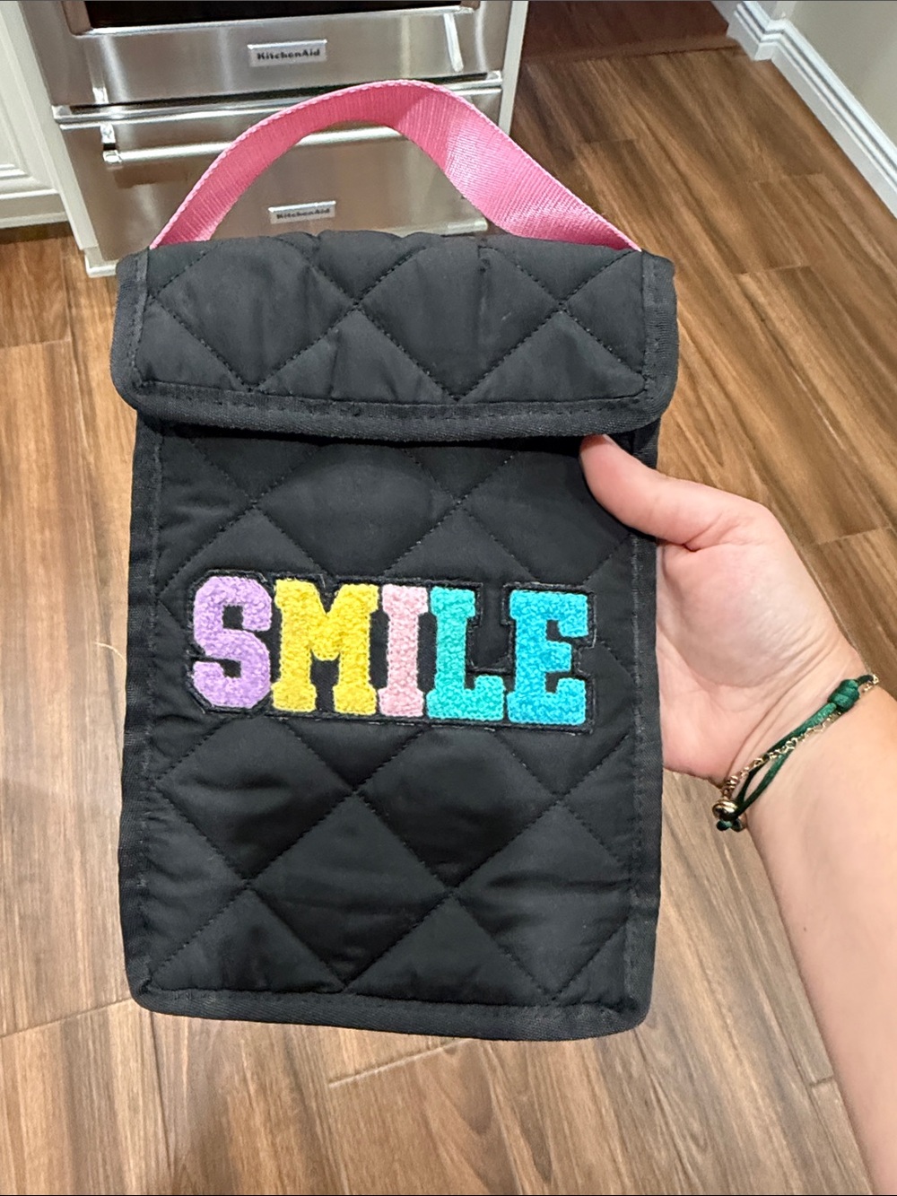 Kids Quilted Lunch Bag with 'SMILE' Patch - Black & Pink Handle